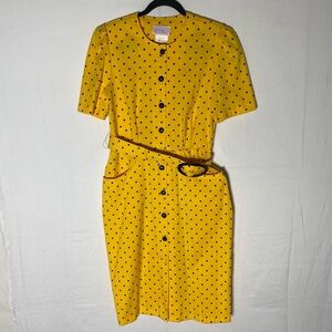 Vintage V.I.Petites Yellow W Black Polkadots Short Sleeve Belted Dress M